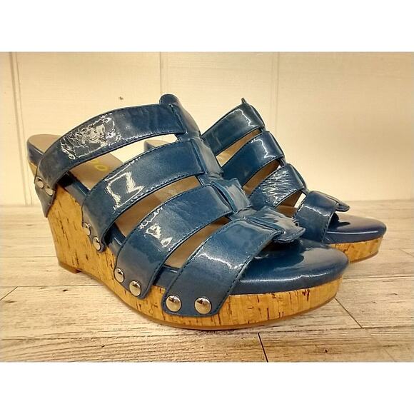 Blue Leather Wedge Sandals Size 6 Strappy 4" Tall Cork Heel Gladiator Fun Fab - Picture 5 of 11